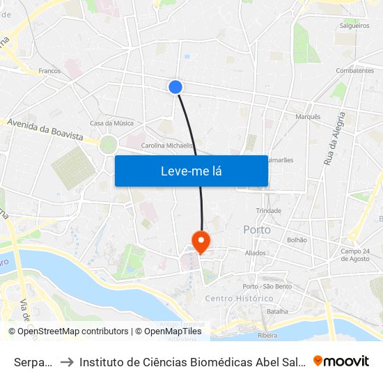 Serpa Pinto to Instituto de Ciências Biomédicas Abel Salazar - Polo de Medicina map