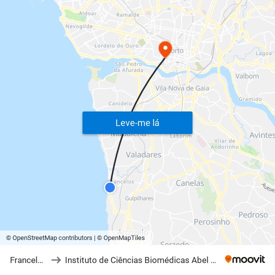 Francelos-Praia to Instituto de Ciências Biomédicas Abel Salazar - Polo de Medicina map