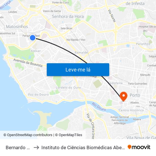 Bernardo Santareno to Instituto de Ciências Biomédicas Abel Salazar - Polo de Medicina map