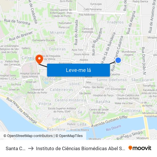 Santa Catarina to Instituto de Ciências Biomédicas Abel Salazar - Polo de Medicina map