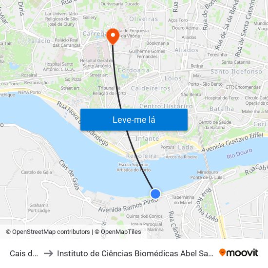 Cais de Gaia to Instituto de Ciências Biomédicas Abel Salazar - Polo de Medicina map