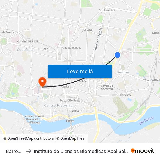 Barros Lima to Instituto de Ciências Biomédicas Abel Salazar - Polo de Medicina map