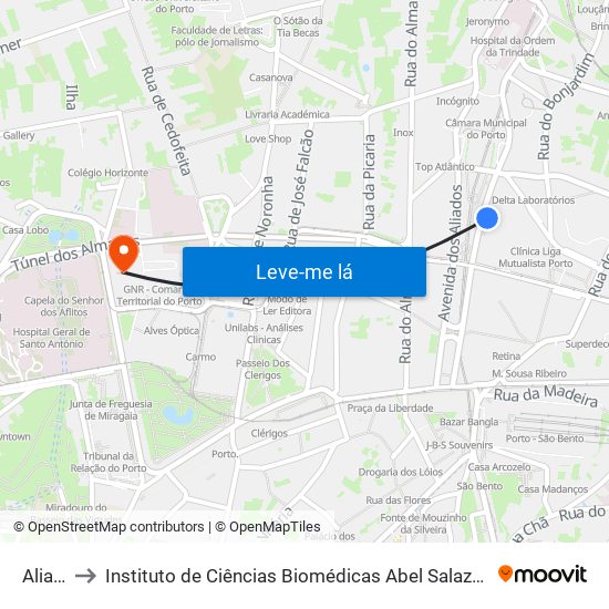 Aliados to Instituto de Ciências Biomédicas Abel Salazar - Polo de Medicina map
