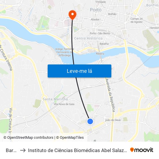 Barrosa to Instituto de Ciências Biomédicas Abel Salazar - Polo de Medicina map