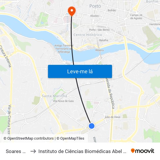 Soares dos Reis to Instituto de Ciências Biomédicas Abel Salazar - Polo de Medicina map