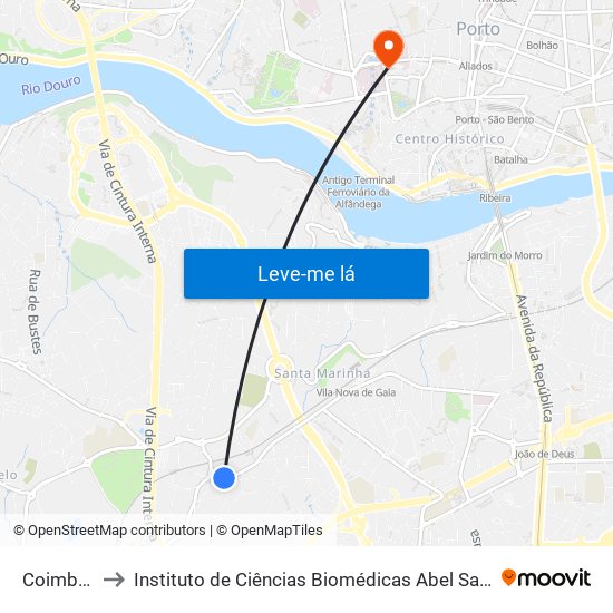 Coimbrões 1 to Instituto de Ciências Biomédicas Abel Salazar - Polo de Medicina map