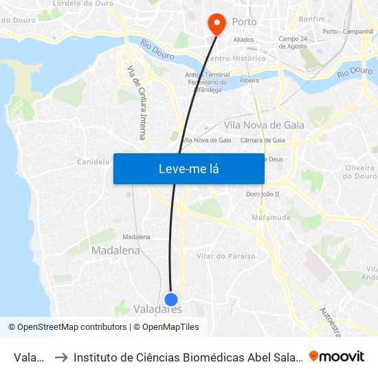 Valadares to Instituto de Ciências Biomédicas Abel Salazar - Polo de Medicina map