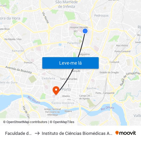 Faculdade de Engenharia to Instituto de Ciências Biomédicas Abel Salazar - Polo de Medicina map