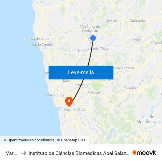 Varziela to Instituto de Ciências Biomédicas Abel Salazar - Polo de Medicina map