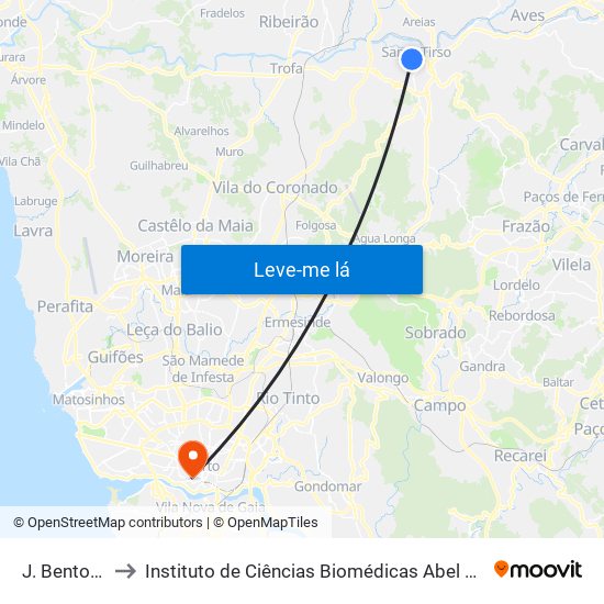 J. Bento Correia to Instituto de Ciências Biomédicas Abel Salazar - Polo de Medicina map