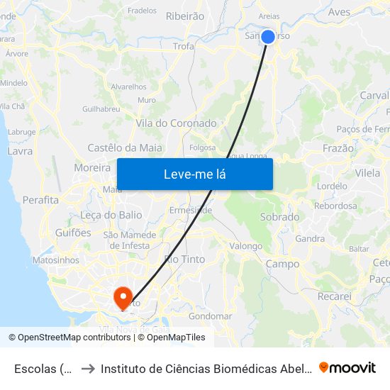 Escolas (T. Pelayo) to Instituto de Ciências Biomédicas Abel Salazar - Polo de Medicina map