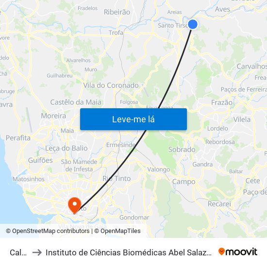 Calvelo to Instituto de Ciências Biomédicas Abel Salazar - Polo de Medicina map