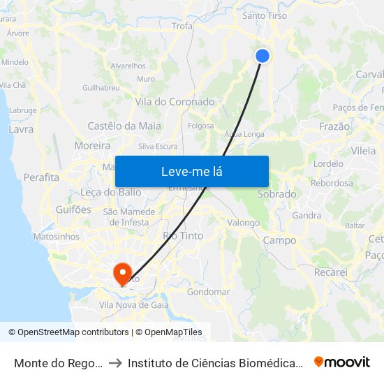 Monte do Rego | A. Figueiredo 2 to Instituto de Ciências Biomédicas Abel Salazar - Polo de Medicina map