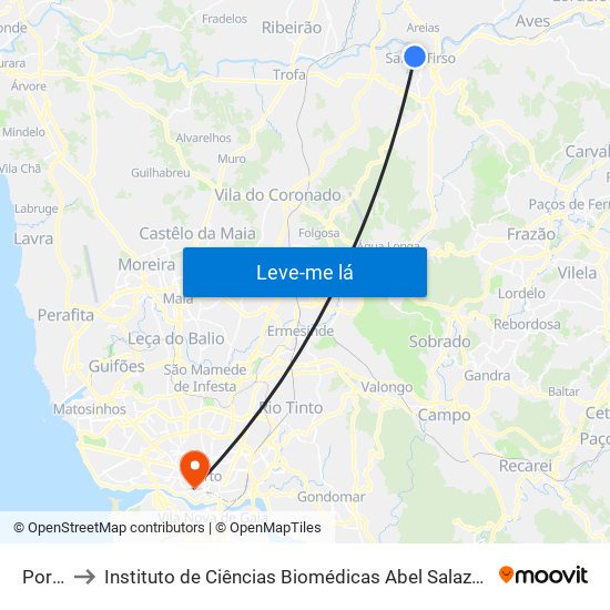 Portela to Instituto de Ciências Biomédicas Abel Salazar - Polo de Medicina map