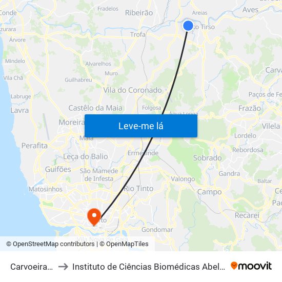 Carvoeira de Baixo to Instituto de Ciências Biomédicas Abel Salazar - Polo de Medicina map