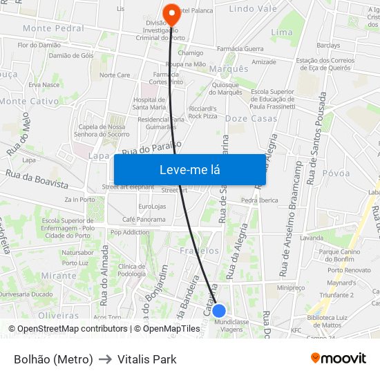 Bolhão (Metro) to Vitalis Park map