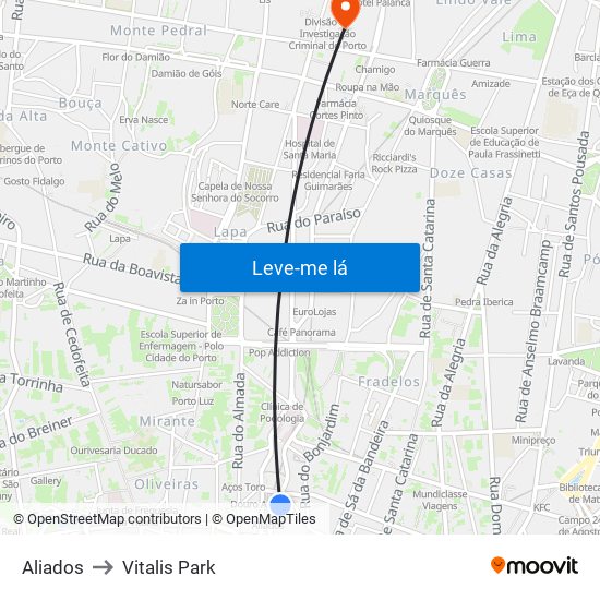Aliados to Vitalis Park map