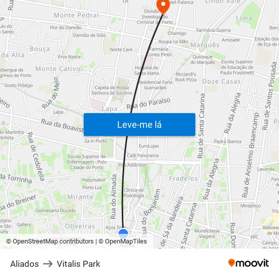 Aliados to Vitalis Park map