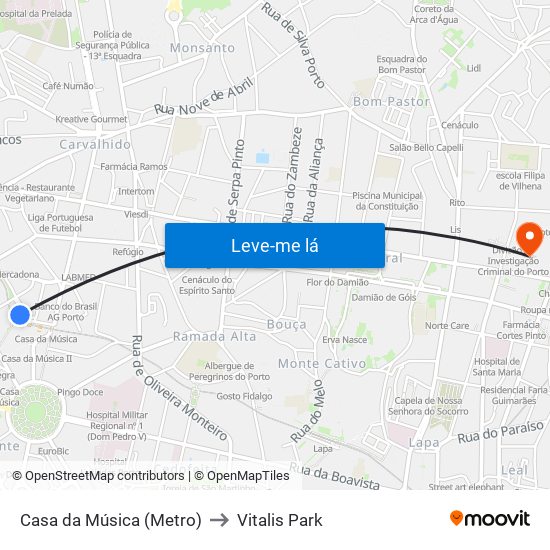 Casa da Música (Metro) to Vitalis Park map