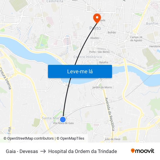 Gaia - Devesas to Hospital da Ordem da Trindade map