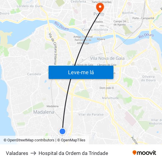 Valadares to Hospital da Ordem da Trindade map