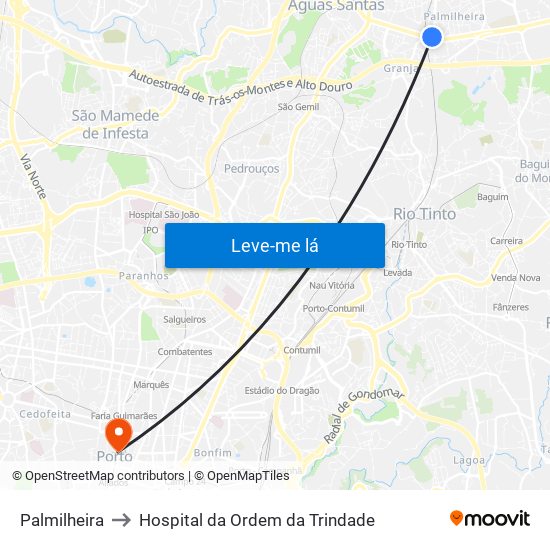 Palmilheira to Hospital da Ordem da Trindade map