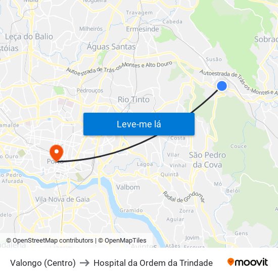 Valongo (Centro) to Hospital da Ordem da Trindade map