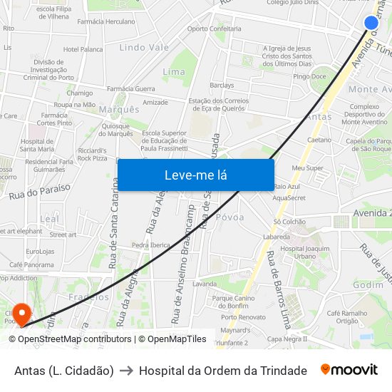 Antas (L. Cidadão) to Hospital da Ordem da Trindade map