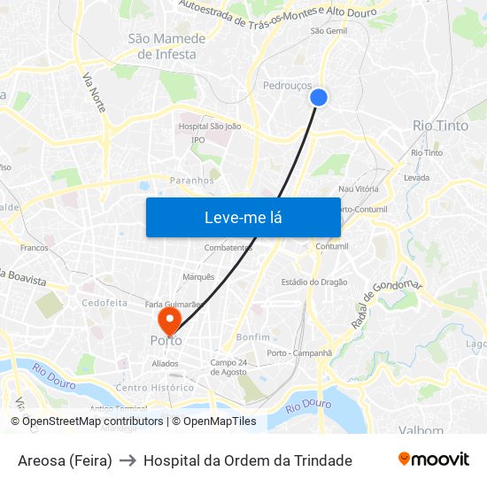 Areosa (Feira) to Hospital da Ordem da Trindade map