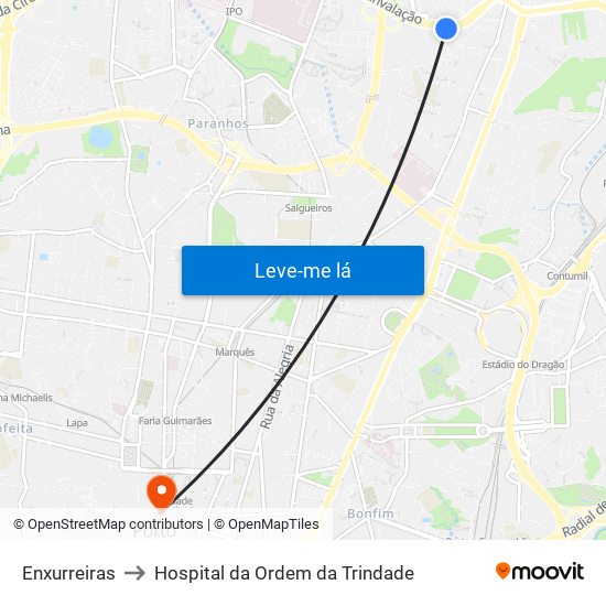 Enxurreiras to Hospital da Ordem da Trindade map