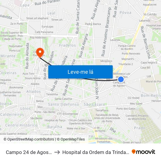 Campo 24 de Agosto to Hospital da Ordem da Trindade map