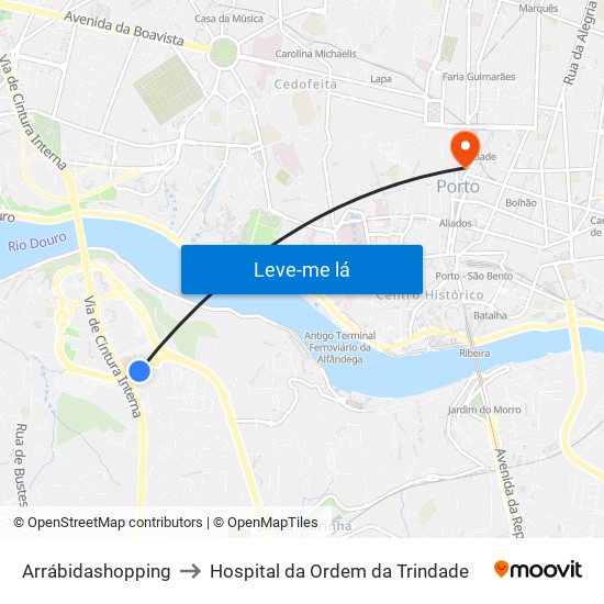 Arrábidashopping to Hospital da Ordem da Trindade map