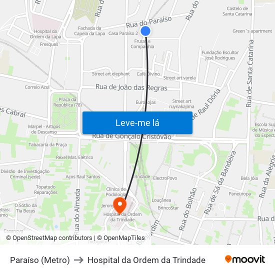 Paraíso (Metro) to Hospital da Ordem da Trindade map