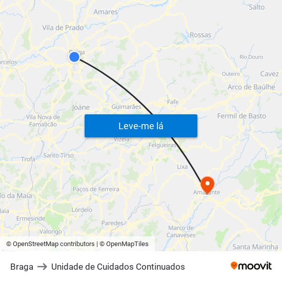 Braga to Unidade de Cuidados Continuados map