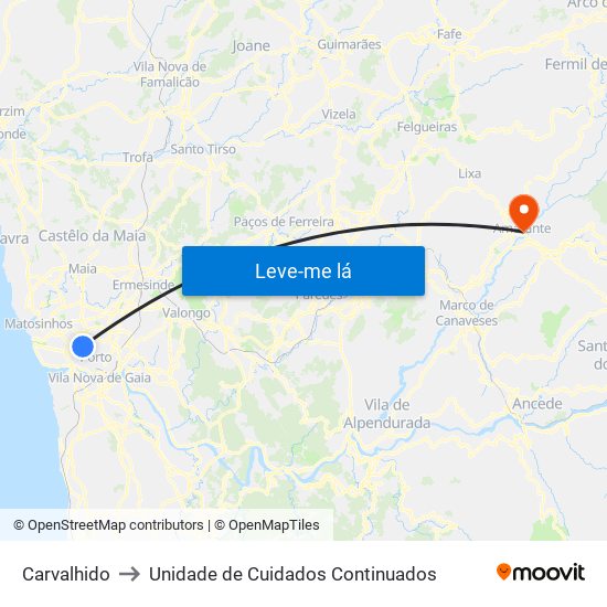 Carvalhido to Unidade de Cuidados Continuados map