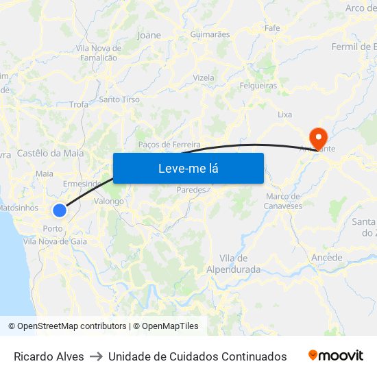 Ricardo Alves to Unidade de Cuidados Continuados map