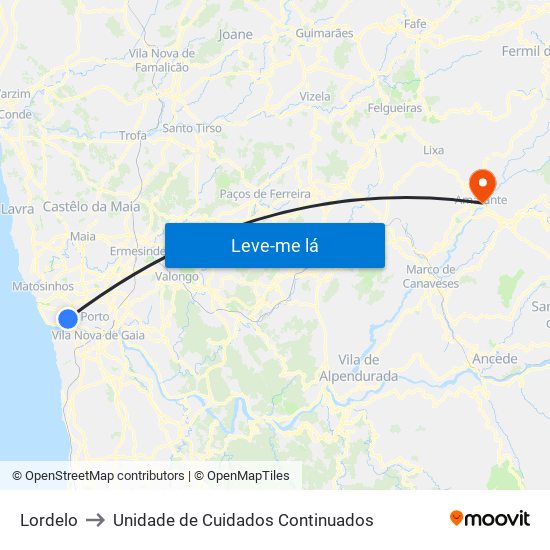 Lordelo to Unidade de Cuidados Continuados map