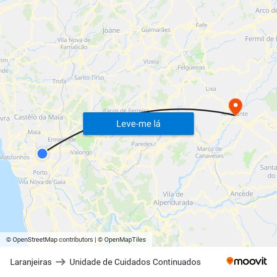 Laranjeiras to Unidade de Cuidados Continuados map