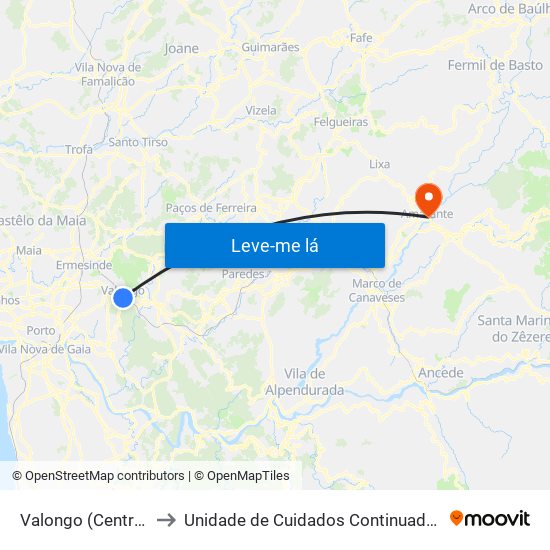 Valongo (Centro) to Unidade de Cuidados Continuados map