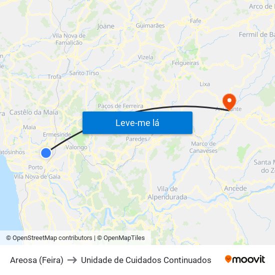 Areosa (Feira) to Unidade de Cuidados Continuados map