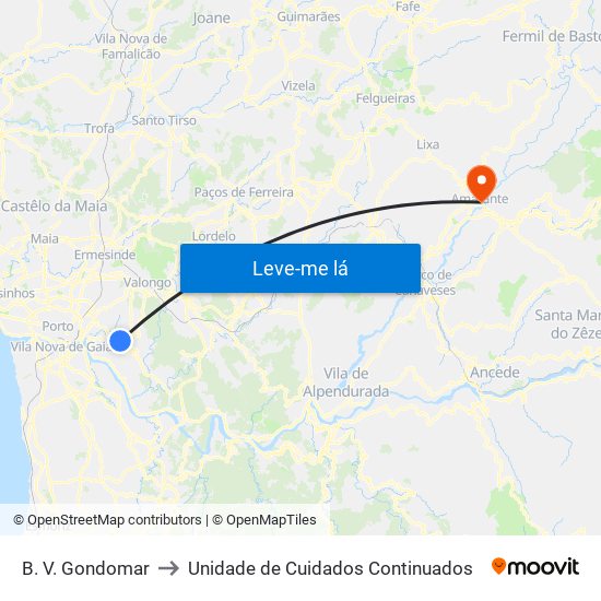 B. V. Gondomar to Unidade de Cuidados Continuados map