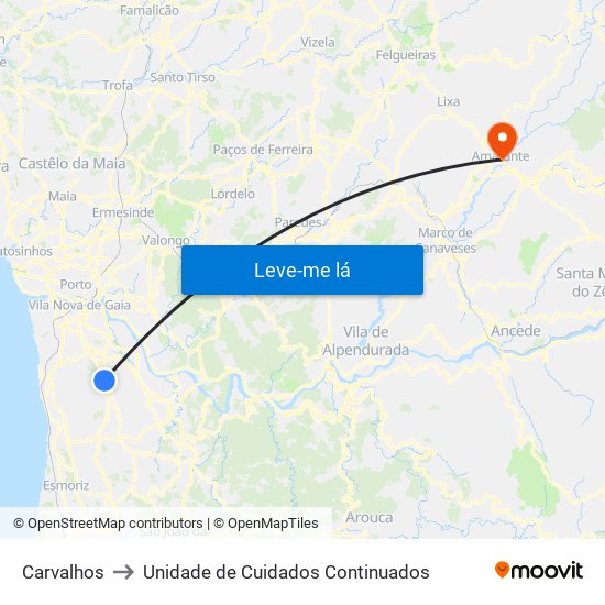 Carvalhos to Unidade de Cuidados Continuados map