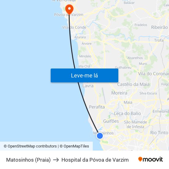Matosinhos (Praia) to Hospital da Póvoa de Varzim map
