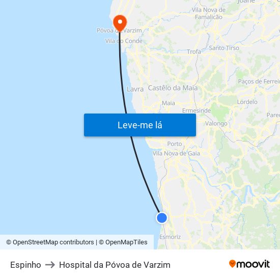 Espinho to Hospital da Póvoa de Varzim map