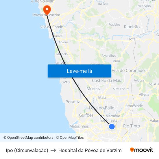 Ipo (Circunvalação) to Hospital da Póvoa de Varzim map