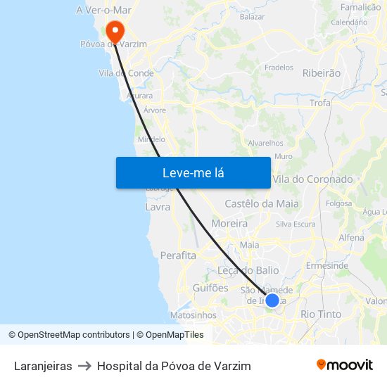 Laranjeiras to Hospital da Póvoa de Varzim map