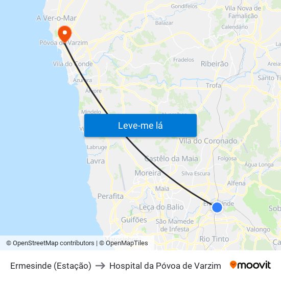 Ermesinde (Estação) to Hospital da Póvoa de Varzim map