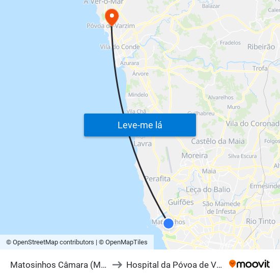 Matosinhos Câmara (Matc1) to Hospital da Póvoa de Varzim map