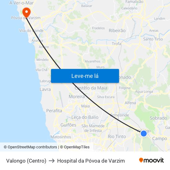 Valongo (Centro) to Hospital da Póvoa de Varzim map