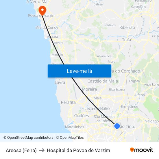 Areosa (Feira) to Hospital da Póvoa de Varzim map